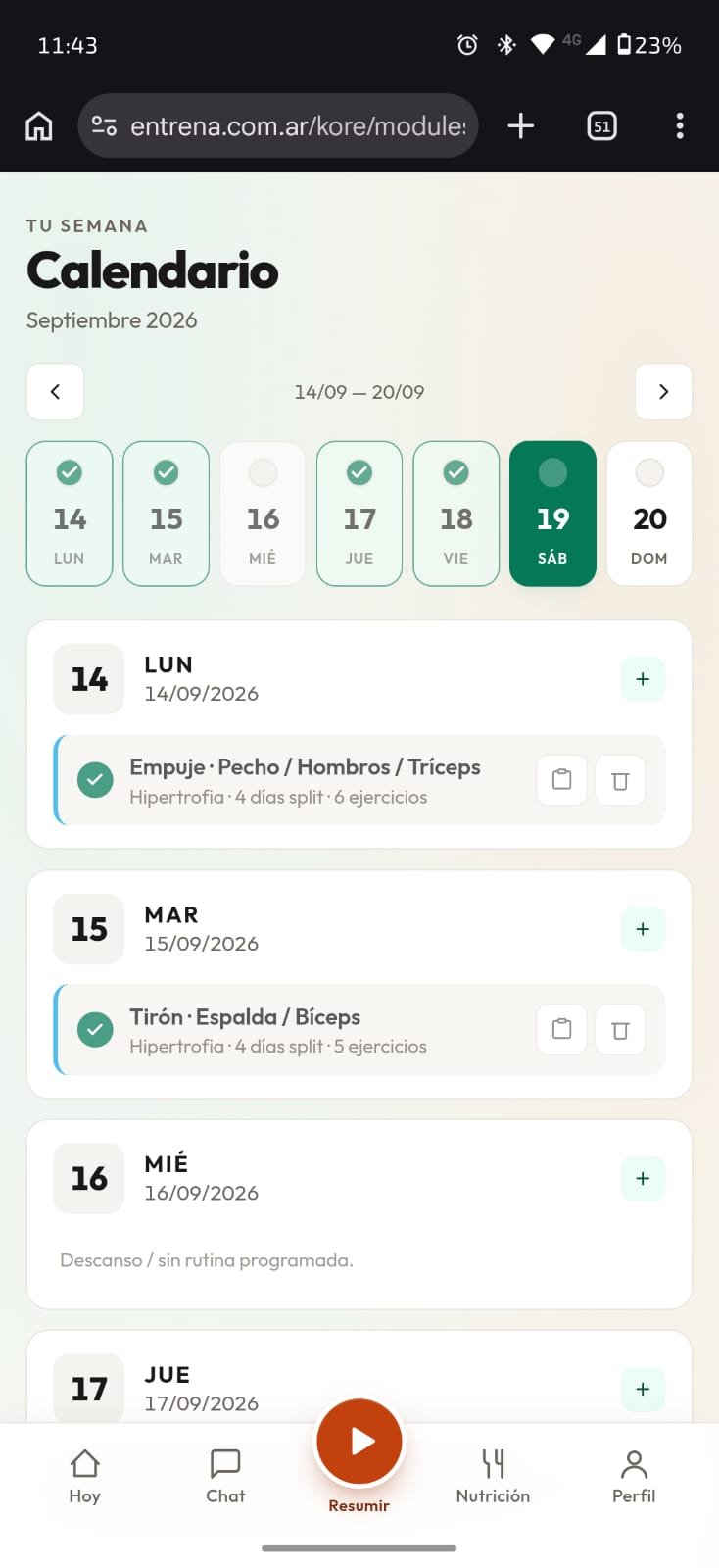 Calendario semanal con entrenamientos programados