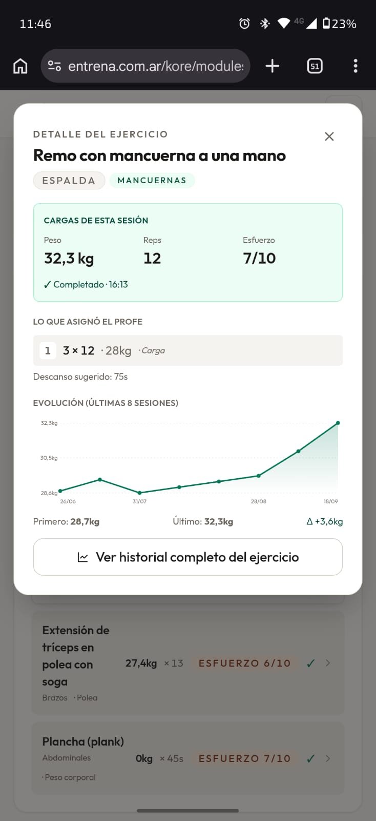Detalle de ejercicio con evolución de las últimas 8 sesiones