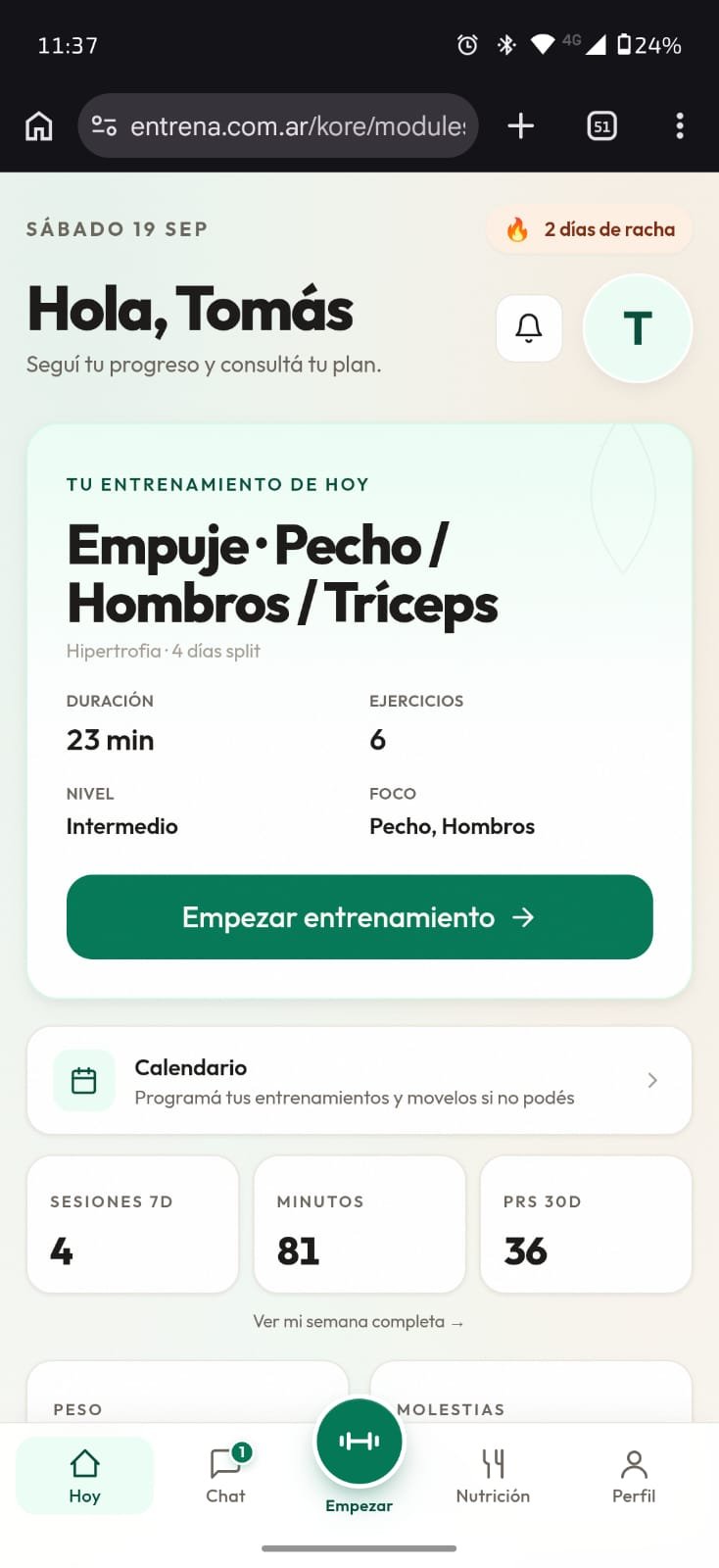 Home del alumno con racha, día de hoy y estadísticas