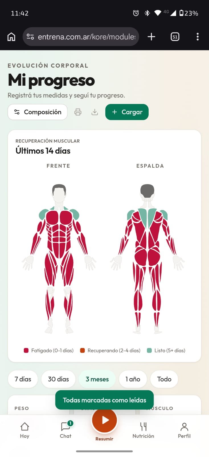 Mapa muscular de recuperación por grupo